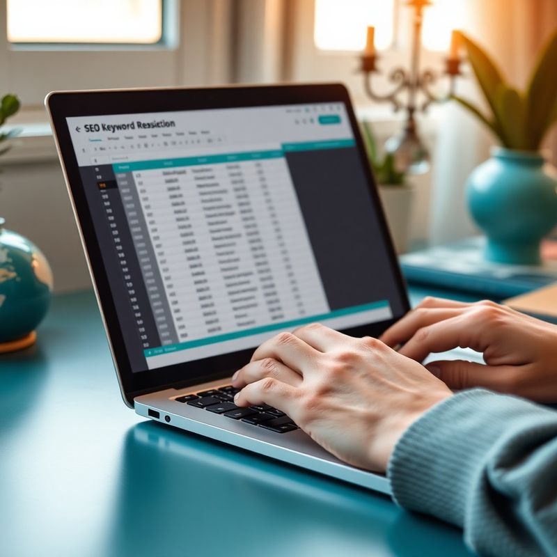 Ruce píšící na notebooku s tabulkou klíčových slov pro SEO